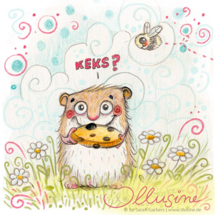 Illustration in Buntstift, Hamster bietet Keks in Blumenwiese an kleiner, süßer Hamster, Illustration, Keks, Gaensebluemchen, Gras, HummelZeichnung; Buntstift; Anmalvorlage, Illustration Kinderbuch Bilderbuch Jugendbuch Pappbilderbuch farbenfroh aquarell malerisch verspielt süß niedlich lustig fröhlich detailverliebt Clipart Ornamente Vignette Pattern Herz Glück aquarell baby Kinder copyright Sarah Garbers www.illusine.de Familie Baby Mama Papa Produkt statonary papeterie Faultier Geburt BabyZeichnung; Buntstift; Anmalvorlage, Illustration Kinderbuch Bilderbuch Jugendbuch Pappbilderbuch farbenfroh aquarell malerisch verspielt süß niedlich lustig fröhlich detailverliebt Clipart Ornamente Vignette Pattern Herz Glück aquarell baby Kinder copyright Sarah Garbers www.illusine.de Kinderbuchbeispielseite Tiere