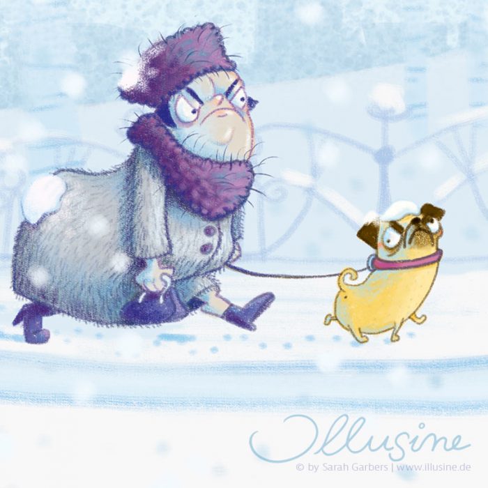 Beitragsillustration, beleidigte, dicke Frau im Wintermantel und Mops vom Schneeball getroffen