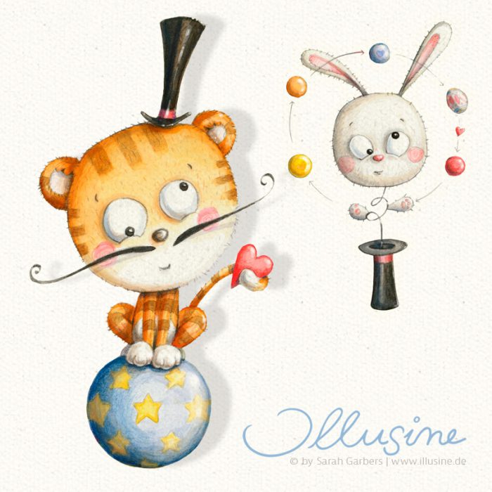 Zirkusfiguren in vertauschten Rollen, Tiger auf einme Ball mit Schnurrbart und Zylinder als Zirkusdrektor, schielender Hasenkop springt aus Zylinder und jongliert Illustration Kinderbuch Bilderbuch Jugendbuch Pappbilderbuch farbenfroh aquarell malerisch verspielt süß niedlich lustig fröhlich detailverliebt Mädchen Menschen Tiere copyright Sarah Garbers www.illusine.de Zirkusfiguren, vertauschten Rollen, Tiger, Ball, Schnurrbart, Zylinder, Zirkusdrektor, schielender Hasenkop springt, jongliert, Jongleur, Caketoppers, Bastelbogen