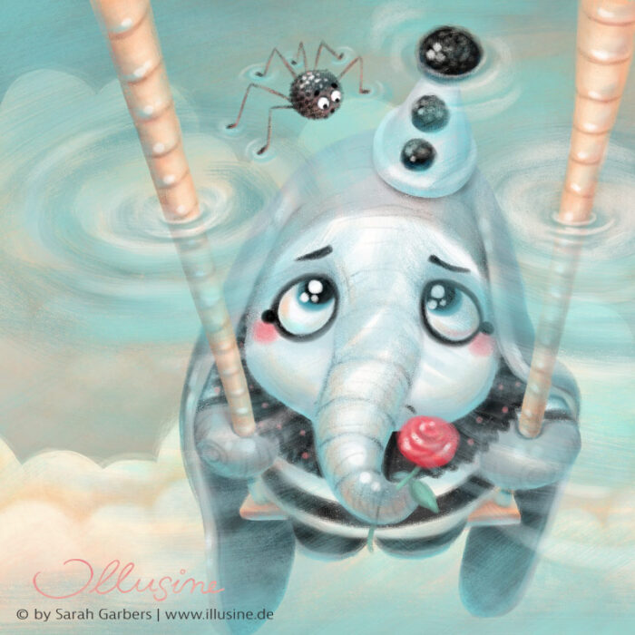 trauriger Dumbo, im ierrotkostüm auf Schaukel, eingeschlossen im Wasser