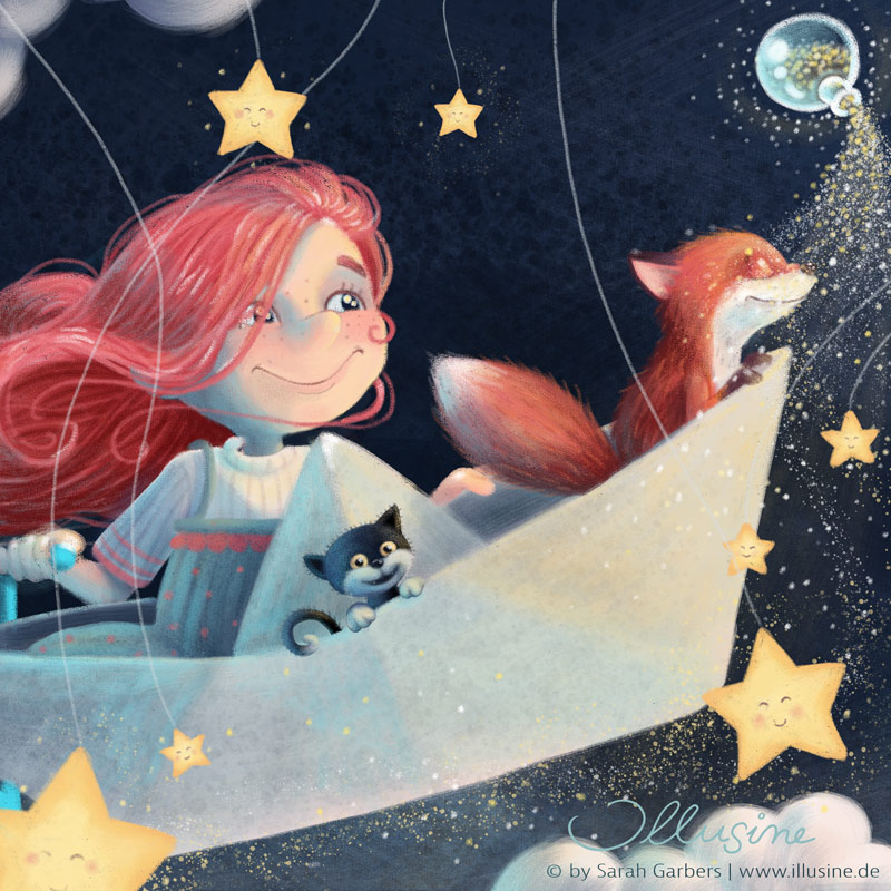 rothaariges Maedchen fliegt mit ihren Freunden Fuchs und Katze in einemPapierschiffchen über den Nachthimmel, getragen von Sternenstaub