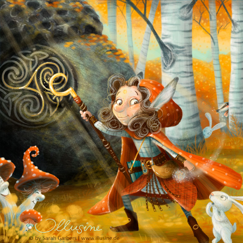 Illustration Kinderbuch Bilderbuch niedlich süß lustig malerisch gemalt detailreich farbenfroh Tiere Magie FantasieDruidin Birkenwald Herbst Fliegenpilze Hase
