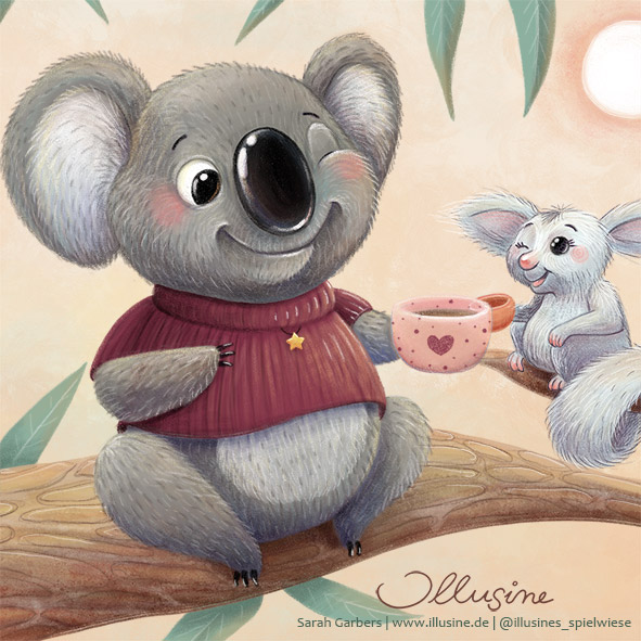 copyright Sarah Garbers www.illusine.de Kinder Baum Koala Großflugbeutler Illustration gemalt Tiere Tee EukalyptusAustralien