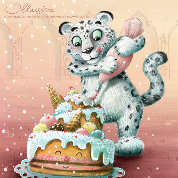Schneeleopard eistorte eis bäcker copyright Sarah Garbers www.illusine.de Kinderbuch Illustration Tiere gemalt süß lustig niedlich