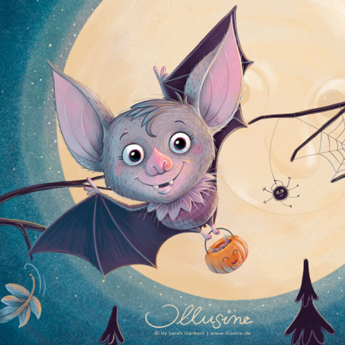 Illustration, Kinderbuch, Bildebuch, Tiere, Fledermaus, Mond, Spinne, Halloween, Nacht, copyright Sarah Garbers 2023